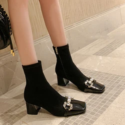 Crystal Luxury High Heels Snow Ankle Boots Women's Shoes Suede Square Toe Trend Autumn Pumps Designer Dress Mujer Zapatillas