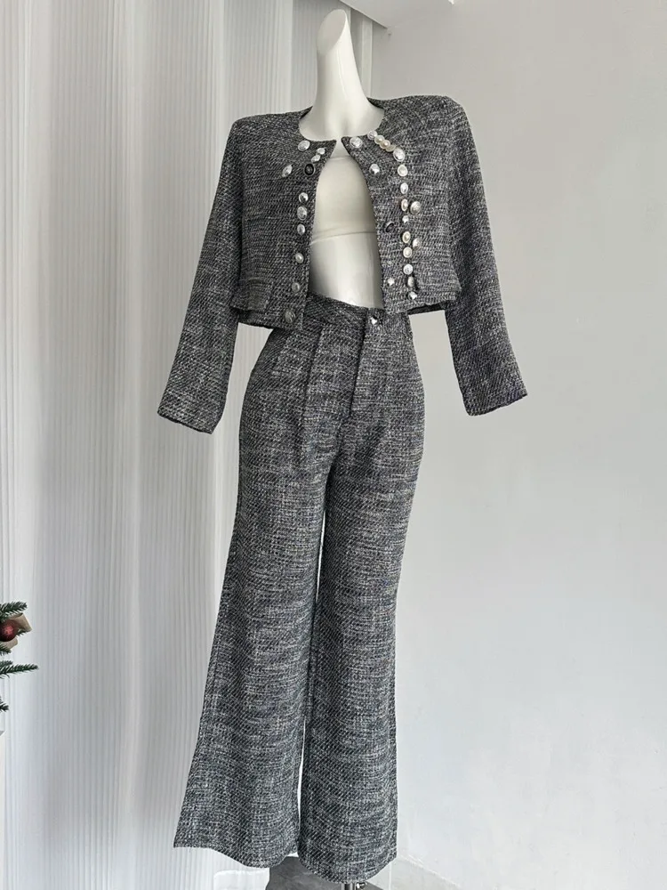 New Small Fragrance Tweed Two Piece For Women Short Jacket Coat + High Waist Wide Leg Pant Sets Cool And Stylish Casual 2 Piece