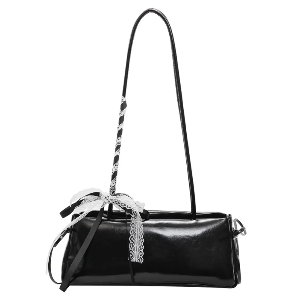 

Solid Color French Stick Handbag Bow Ribbon High Quality Silver PU Shoulder Bag Large Capacity Waterproof Cylinder Underarm Bags