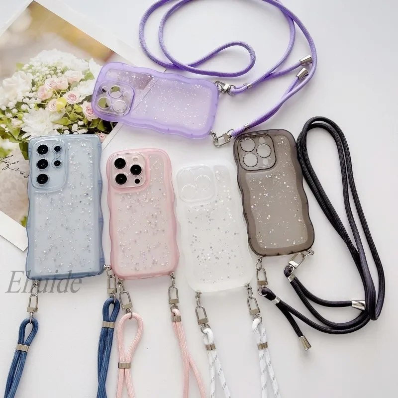 Coque à sangle réglable pour Samsung Galaxy A55 A15 A25 A35 A54 A34 A14 A24 A53 S24 Ultra Star Glitter Crossbody Lanyard Neck Cover