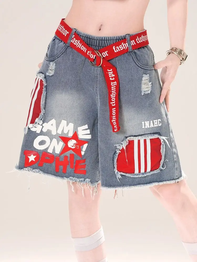 アメリカのバディスタイルユーズド加工デニムショーツ女性の Y2K 美学ハイウエスト A ラインルーズフィットパンツストリート原宿レトロ