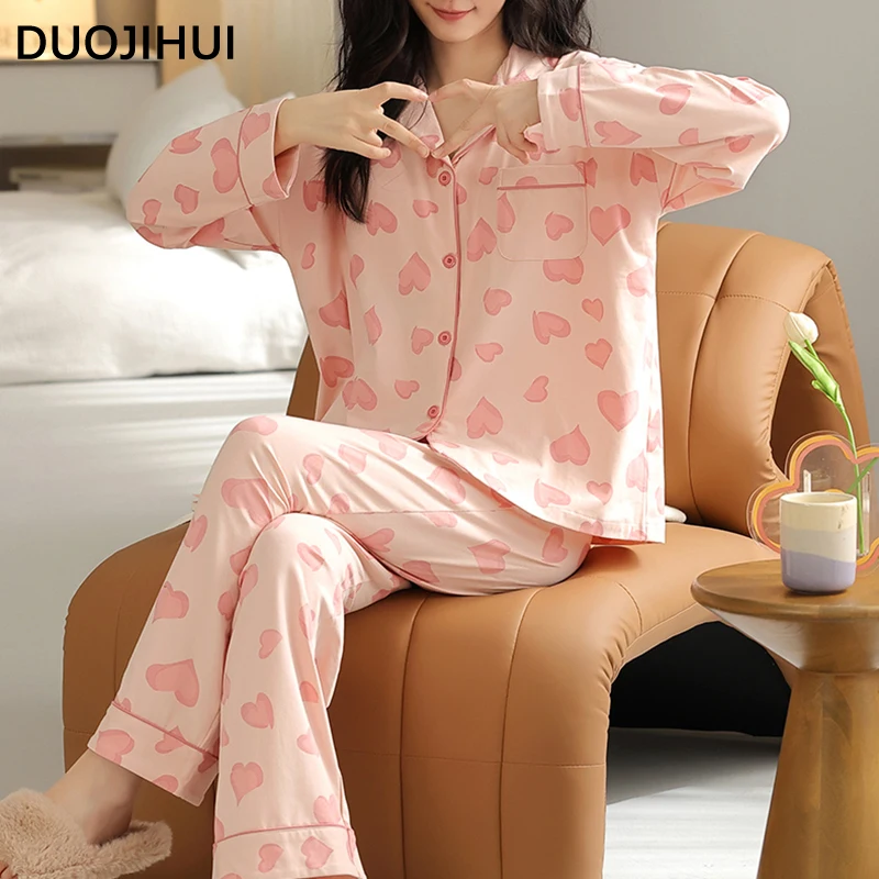 DUOJIHUI Sweet Two Piece Casual Home Pajamas for Women Fashion Cardigan Loose Pant with Chest Pad Chic Pocket Female Pajamas Set