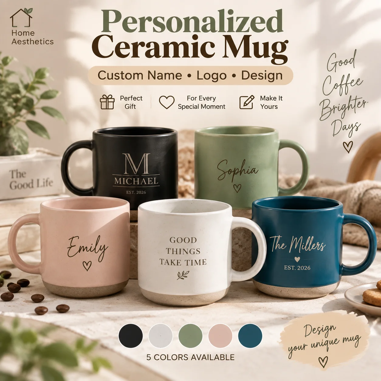 Personalized Ceramic Mug 12oz Custom Name Logo Design Coffee Cup with Handle for Home Office Birthday Gifts for Friends Family
