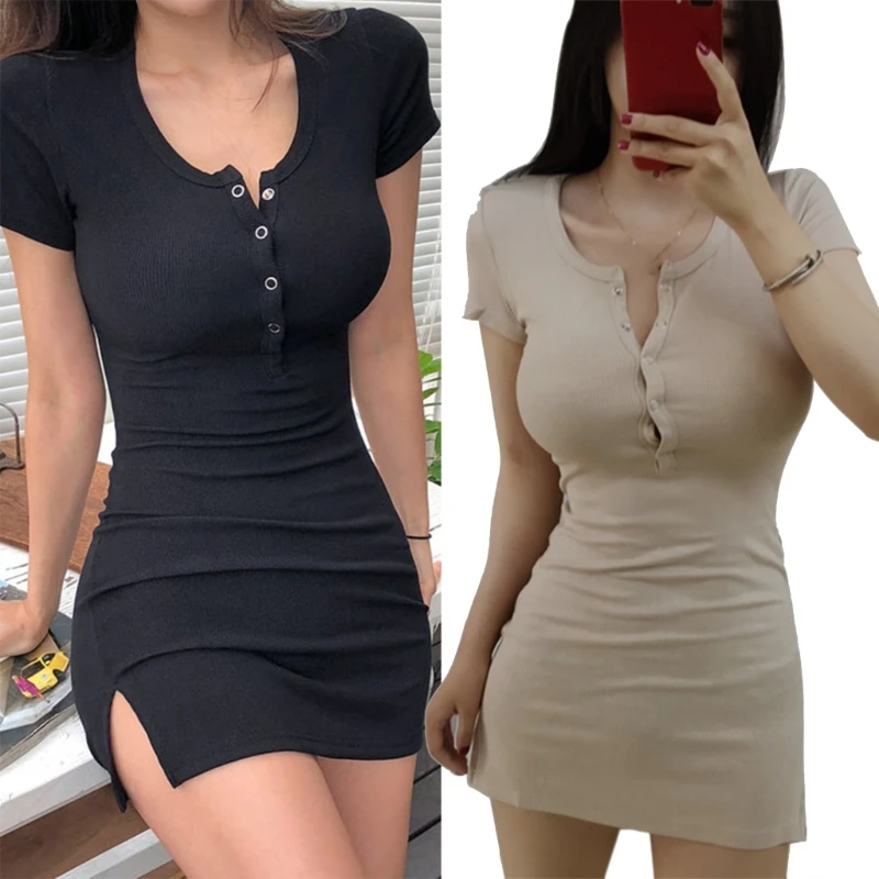 

Women Summer Short Sleeve Split Ribbed Knit Bodycon Mini Blouse Dress A-Line Sexy Buttons Waist T-Shirts Clubwear N7YE