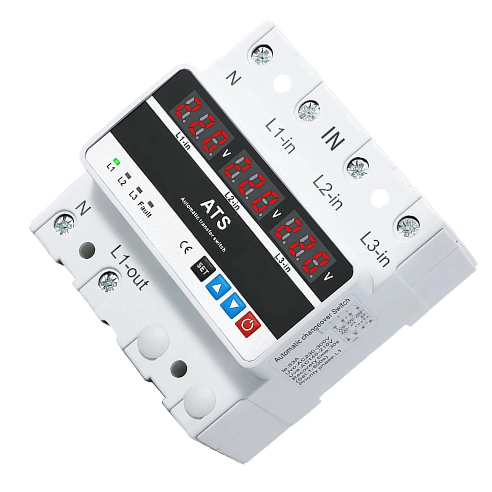 Smart 220V Three Phase Voltage Converter 63A 100A With LED Screen For ATS System Over Under Current Protection DIN Rail Mount
