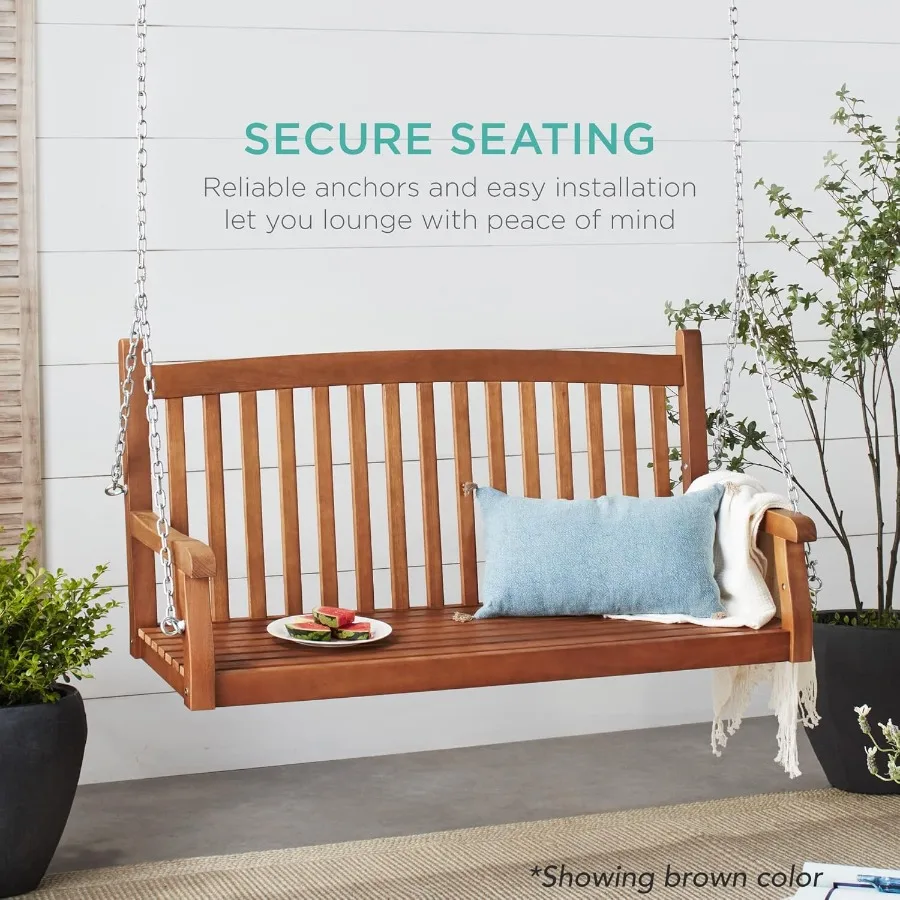 48in الخشب الشرفة سوينغ في الهواء الطلق فناء معلق مقعد كرسي الأثاث لسطح السفينة حديقة ساحة مع تصاعد سلاسل تصميم منحني الظهر