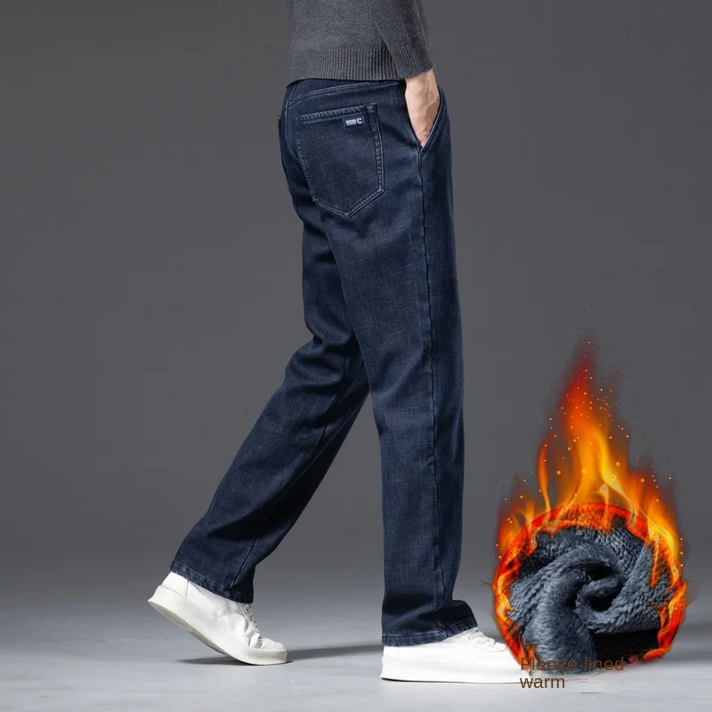 2024 Jeans in pile uomo inverno tubo dritto elastico allentato autunno e inverno spessi nuovi pantaloni caldi da uomo Casual tutto pantaloni da uomo