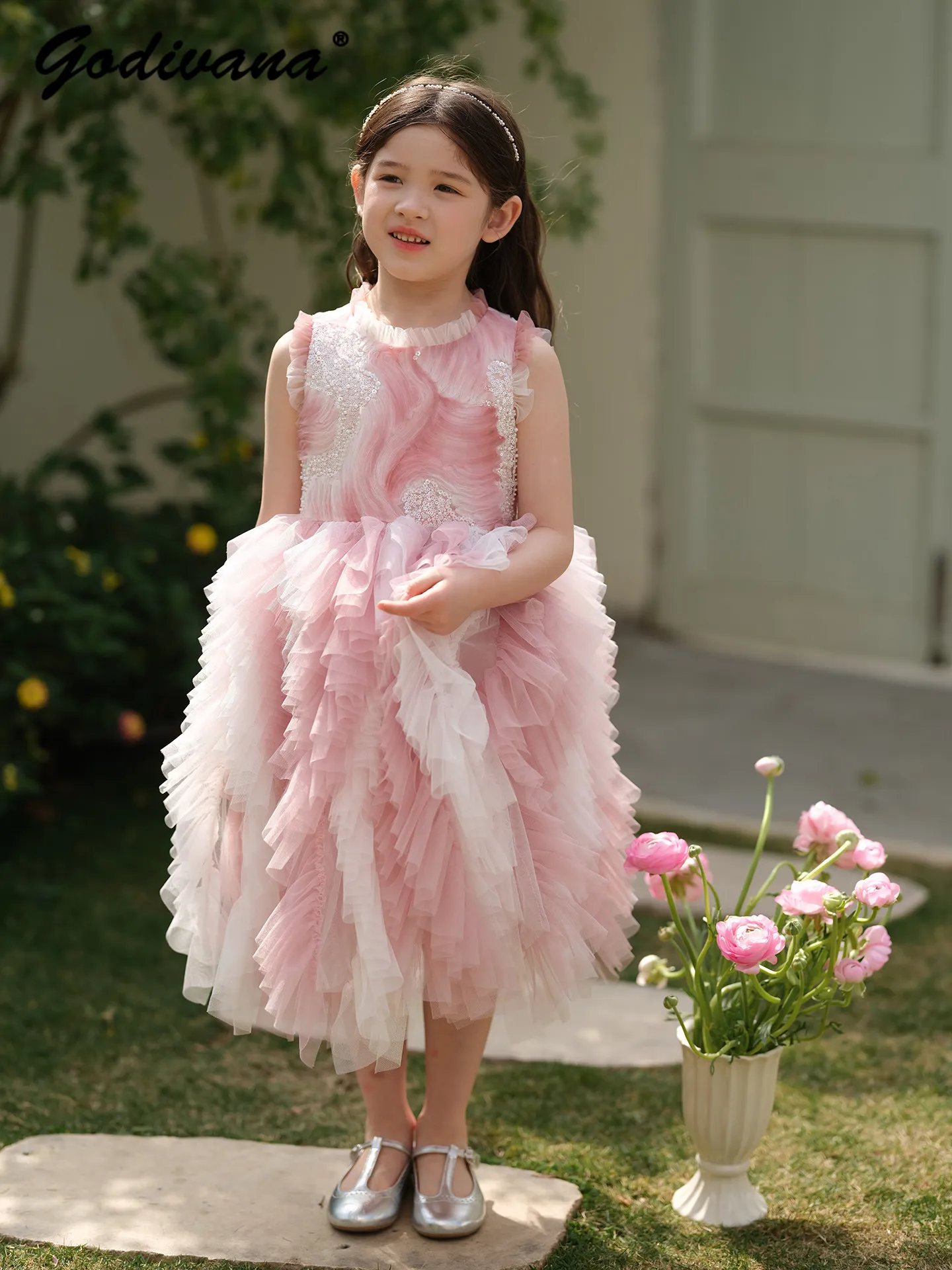 Sweet Baby Girls Elegant Sequin Smudge Mesh Princess Dress Kids High End Premium Pink and White Color Block Layered Cake Dress