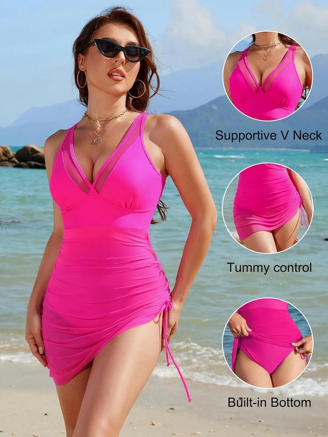 Costume da bagno intero plissettato a forma di V con volant sexy, costume da bagno con controllo della pancia, costume da bagno avvolgente con grembiule trasparente in rete slim fit