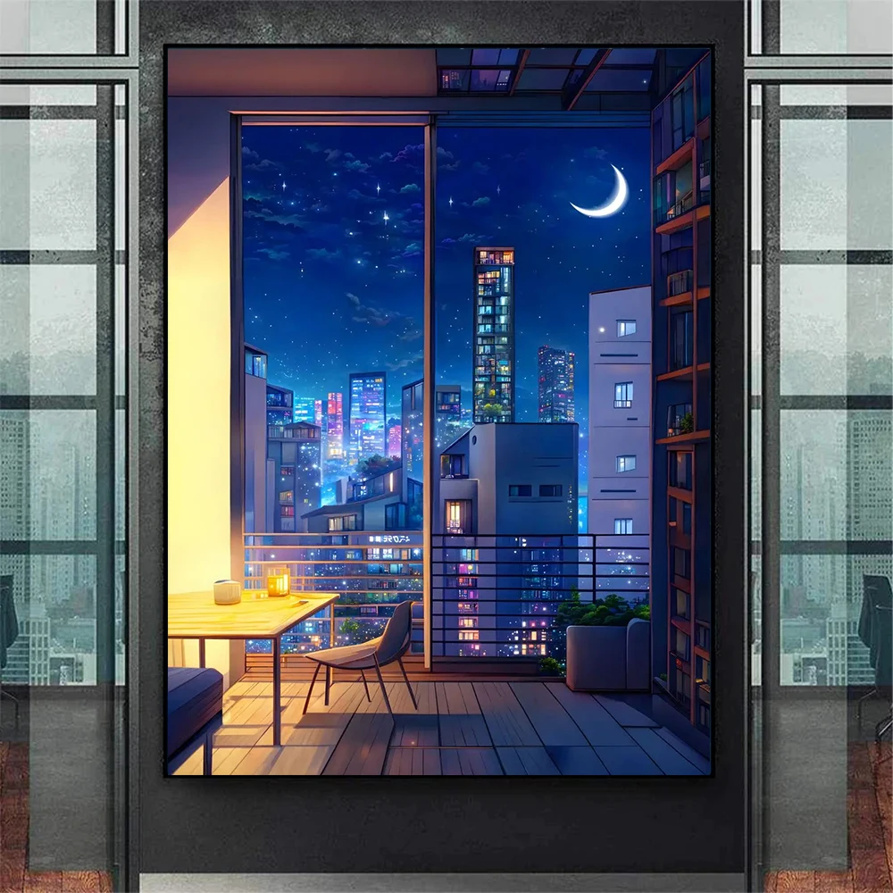 Wall Art Night View Outside The Window of The City Room Cartoon Posters Canvas Painting and Prints Pictures for Room Home Decor