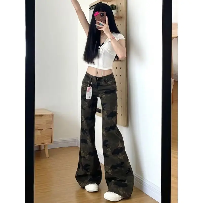 

Женские джинсы-клеш с низкой посадкой в американском ретро-стиле, камуфляжные, новинка, летние повседневные широкие брюки