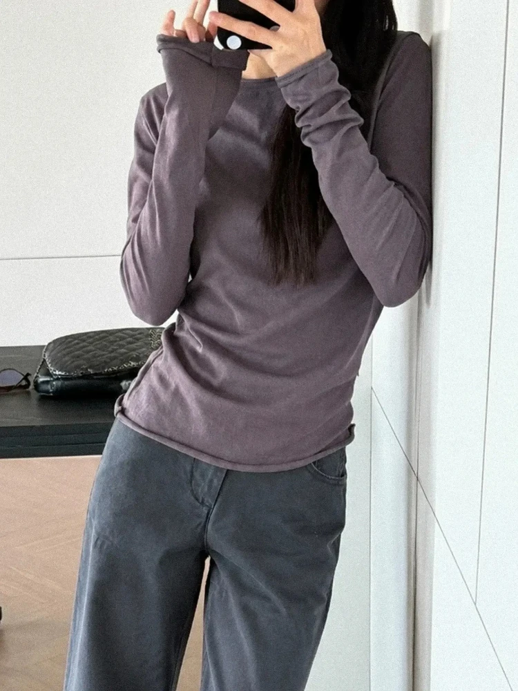 Slimming Grey Purple Casual Roll  Long Sleeve Base Shirt Inner Wear T-Shirt Cotton Polyester Fiber High Waist round Neck
