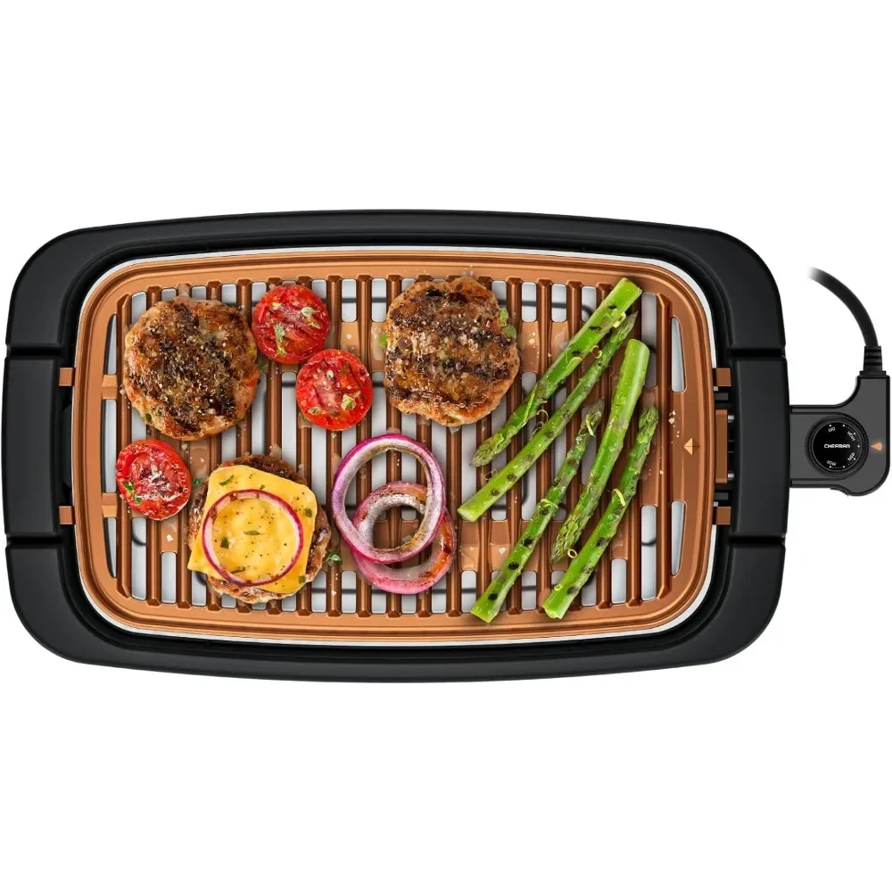 Smokeless Indoor Electric Grill, Copper, Extra Large, Adjustable Temperature Control, Nonstick Dishwasher-Safe Parts, 9 x 15