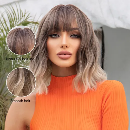 Imagen 2 del producto Pelucas Bob onduladas grises con flequillo para mujer, peluca sintética corta rubia ombré con raíces oscuras, cabello Natural para uso diario