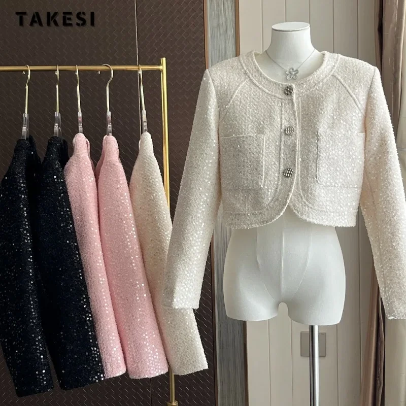 2023 Winter Luxury Style Single Breasted Round Neck Sequins Jacket Women Office Lady Casual Pockets Slim Fit Elegant Chic Coat