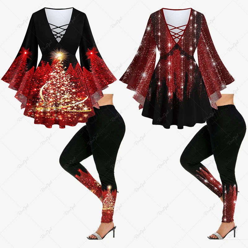 2023 New Christmas Tree Sparkling Sequin Glitter Colorblock Lace 3D Print Flare Sleeves T-shirt Or Leggings Casual Matching Set