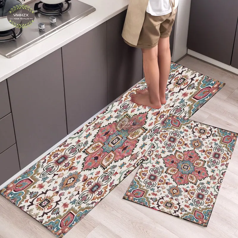 Vintage Print Nordic Style Kitchen Mat Entrance Doormat Area Rug Anti-Slip Living Room Long Bedside Hallway Bath Floor Carpet