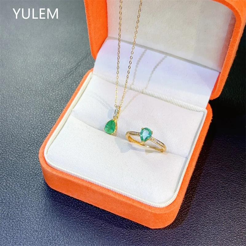 Natural Water Drop Emerald 4x6mm Jewelry Set Elegant 925 Silver Ring and Pendant Earring Jewelry Set for Daily Wear VVS Grade
