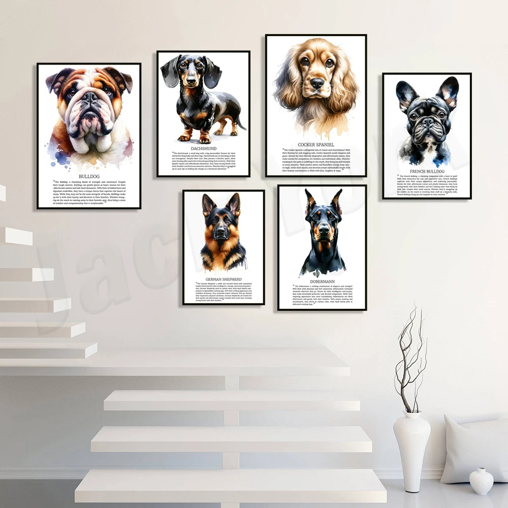 Border collie, golden retriever, doberman pinscher, dachshund, boxer, border terrier, bulldog breeds art poster, dog portrait