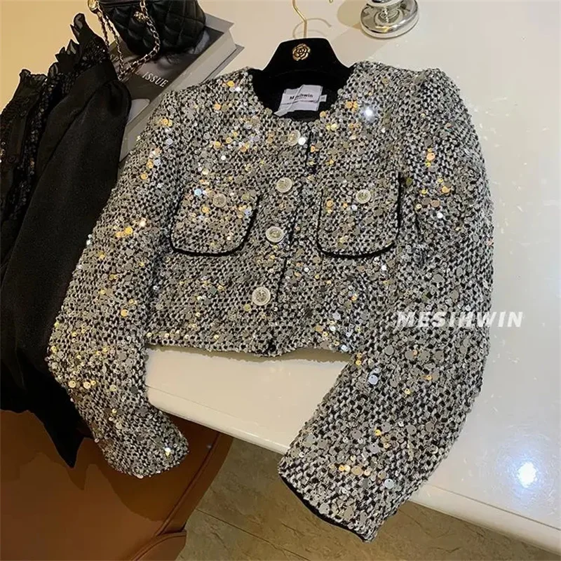 

2024 Autumn New Heavy Industry Shining Small Fragrant Short Jacket Women's Fashion Slim O Neck Long Sleeve Coat Female Tops