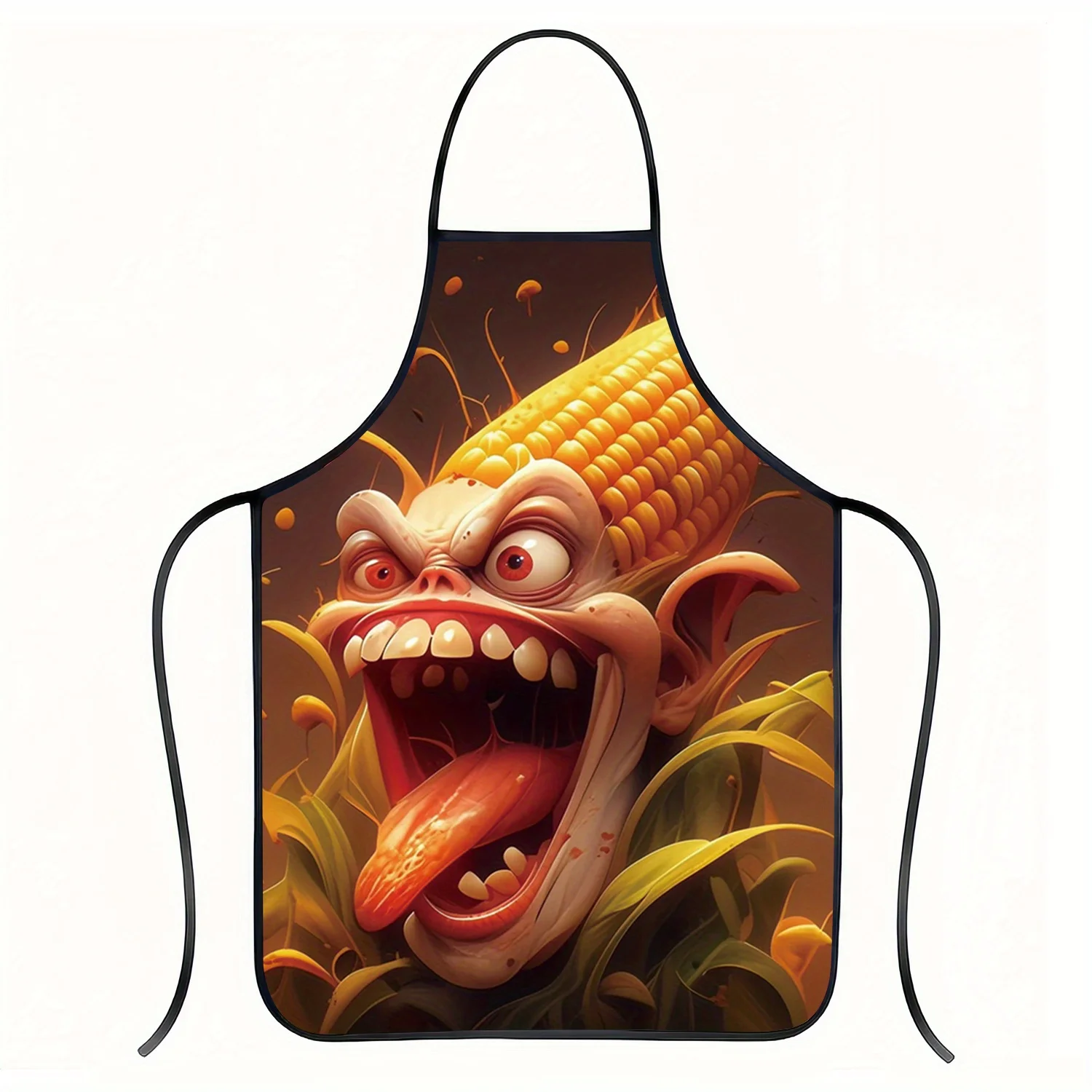 Funny Corn Monster Apron, Crazy Vegetable Face Kitchen Bib, Halloween Horror Novelty Gift for Men Women Cooking BBQ Party Decor