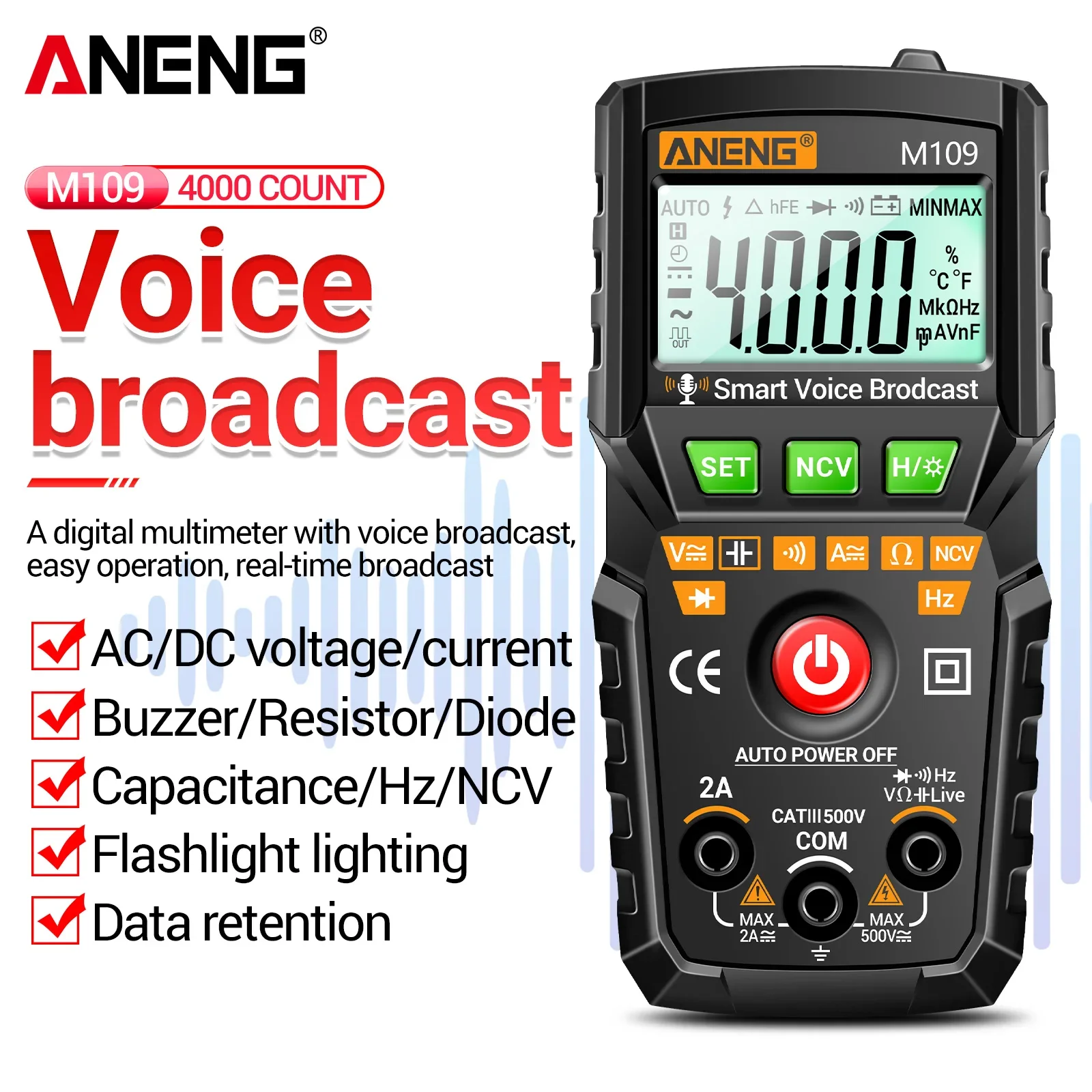 ANENG M109 Automatic Multimeter Voice Broadcast 4000 Counts 500V AC/DC 2A NCV Capacitance Hz Tester with Flashlight Data Hold