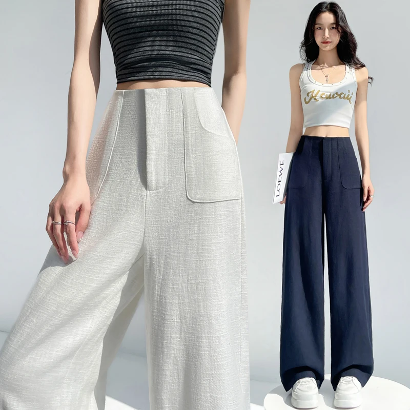 กางเกงขากว้างสําหรับผู้หญิงเอวสูงฤดูร้อนปี 2025 มีความรู้สึกเดรปสไตล์วินเทจทรงตรงลําลองกางเกงยาวพื้น