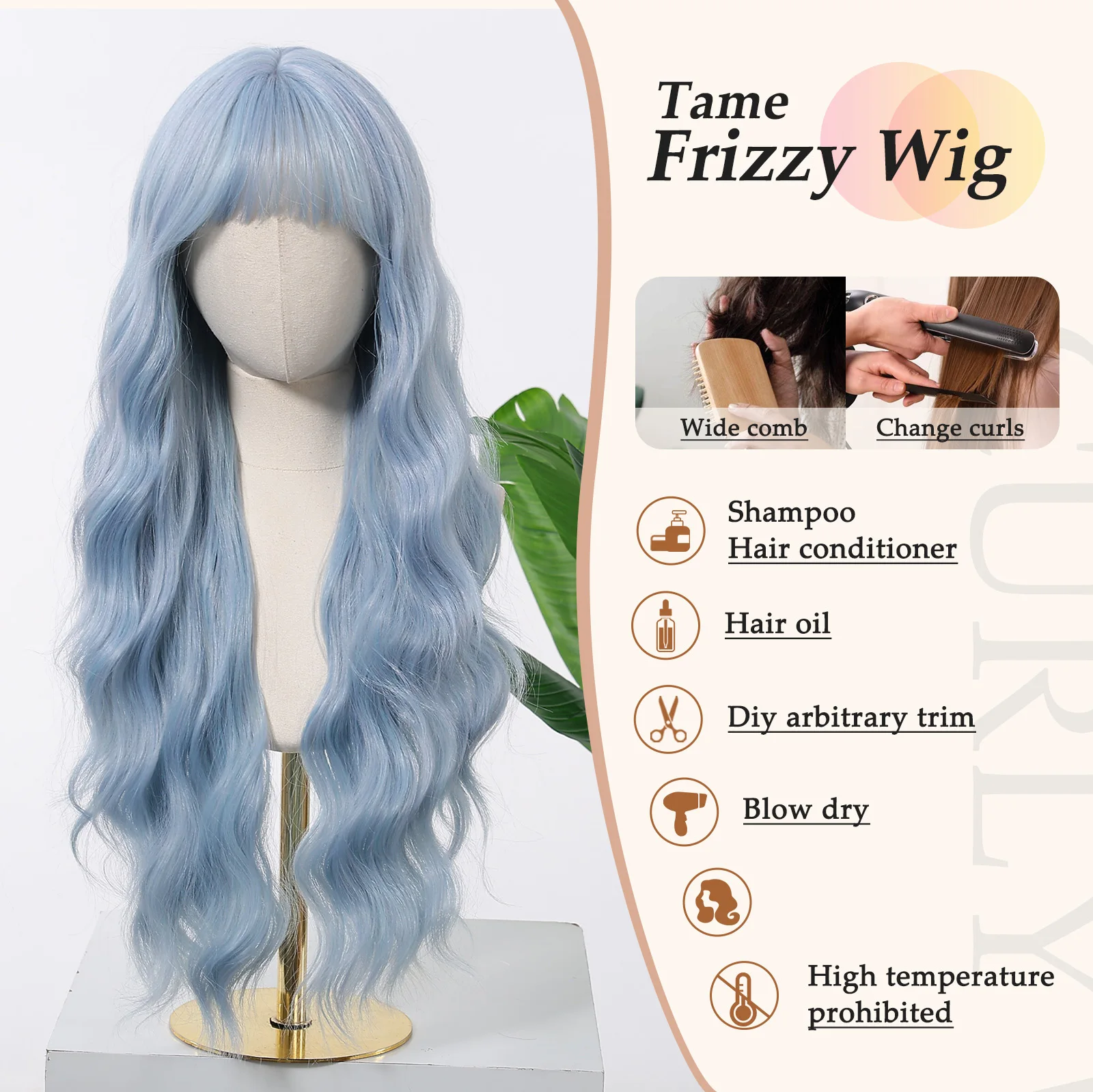 Allbell Magique Blue Hair Wig with Bangs Long Wavy Synthetic Wig Baby Blue Curly Wig for Women Daily Party Use Heat Resistant image 5