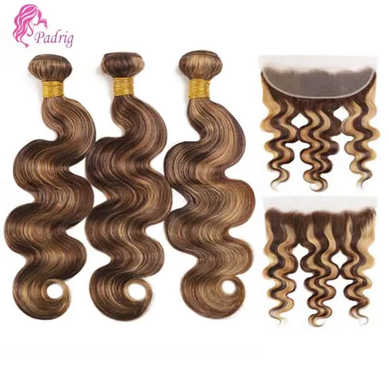 Highlight Honey Blonde Body Wave 3/4 Bundles With Frontal 13×4 Lace 100% Human Hair P4/27 Color 65g/Pc Brazilian Remy Hair