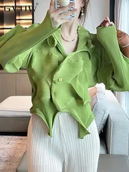 GVUW Pleated Irregular Jackets Women Lapel Double Breasted Full Sleeve Solid Color Versatile New 2024 Female Clothing 17G6638