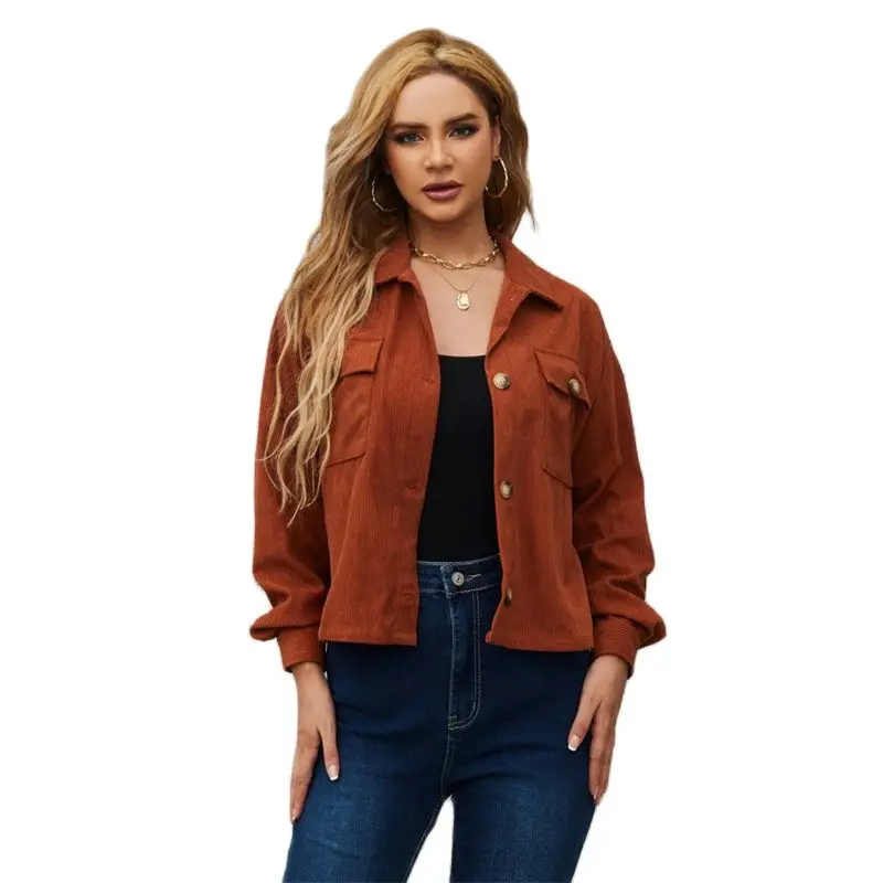 

Corduroy Short Jacket Women Shirt Style Coat Spring Autumn Lady Loose Outerwear Solid Long-sleeve Pocket Casual Tops No Lining