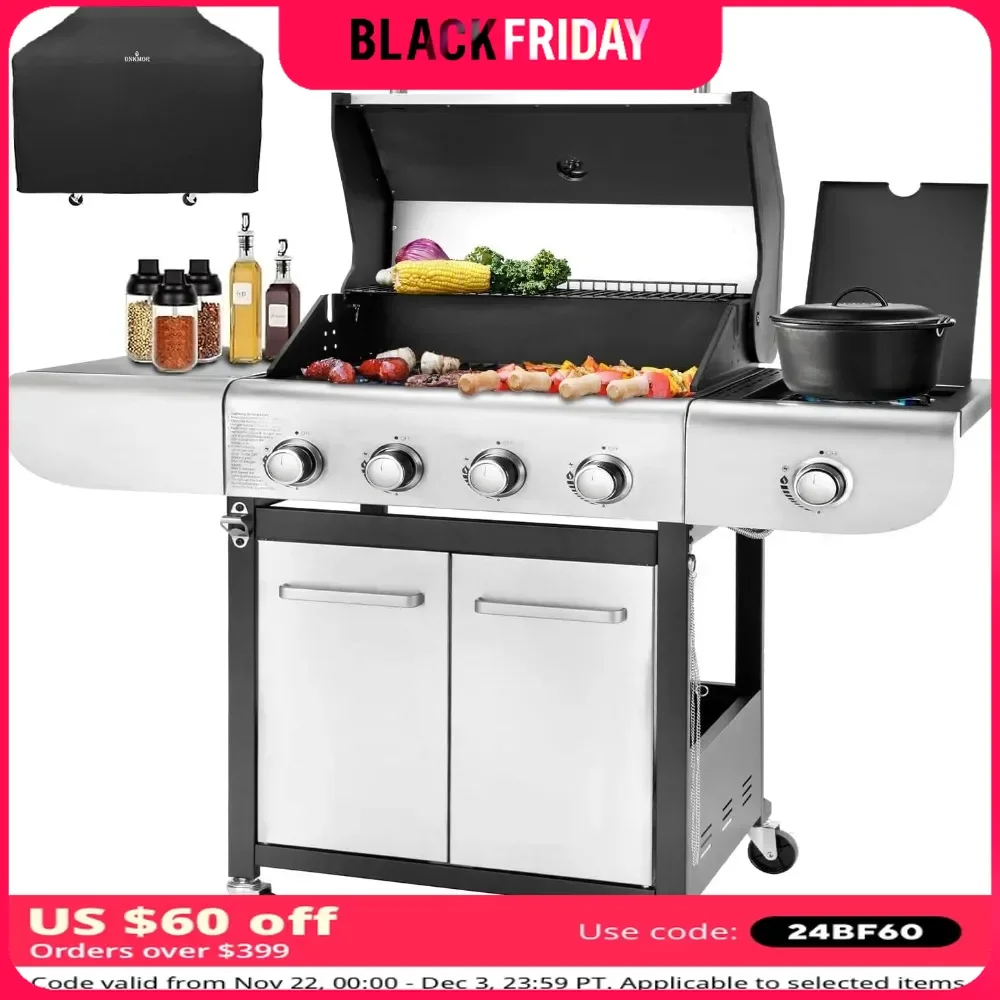 

BBQ Grill with Side Burner, 53,000 BTU Output with Enameled Cast Iron Grates, Stainless Steel, Easy To Clean, Barbecue Grill