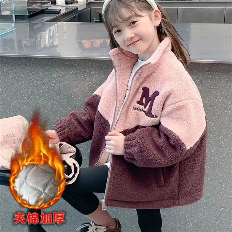 

Girls Lambswool Coat Winter Thicken Jackets New Children's Long-Sleeved Letter Parkas 2025 Autumn Kids Casual Outerwear 4-14Y