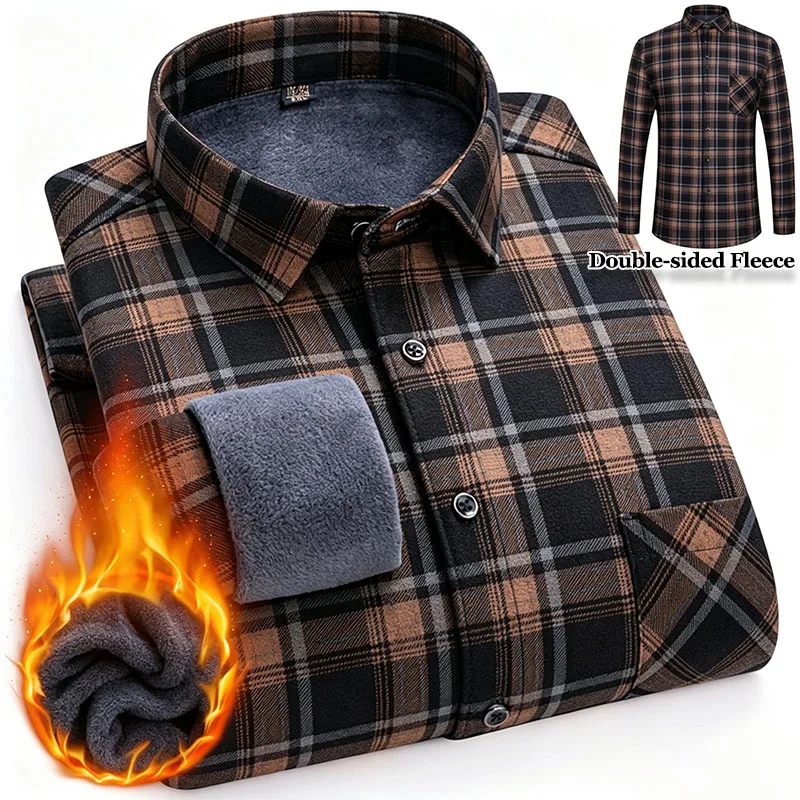 Men's Double-sided Fleece Thicken Warm Long Sleeve Plaid Shirts Autumn Winter Fashion Comfort Pocket Male Casual Checked Blouses