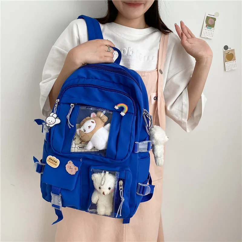 Zaino Kawaii Con Ciondolo Orso Per Ragazze - Nylon Impermeabile, Grande Capacità, Multi-tasca, Per Scuola E Viaggi