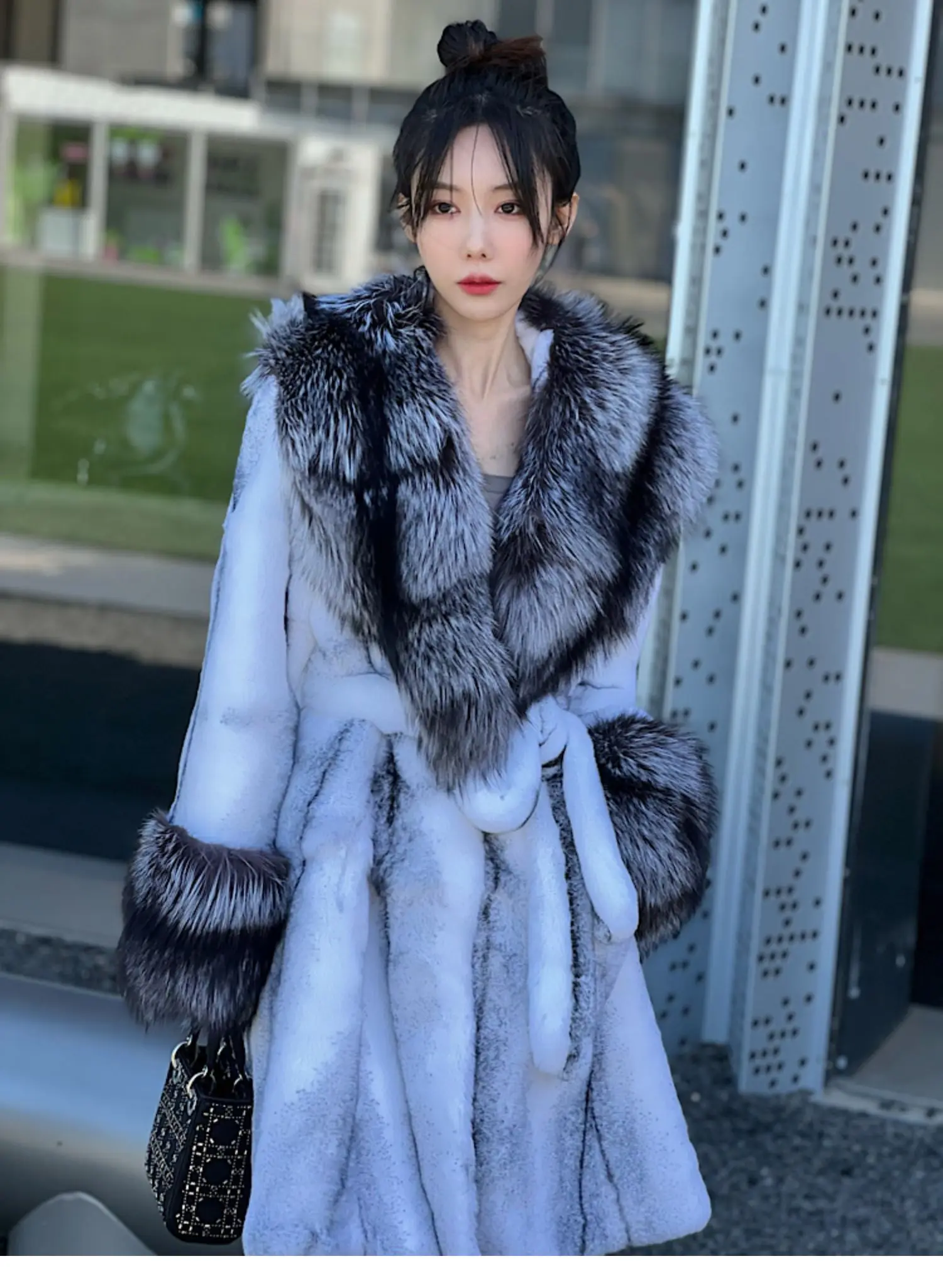 FURYOUME Long Natural Rabbit Fur Coat for Women Large Real Silver Fox Fur Collar Sleeve Cuffs Fashion Streetwear Winter