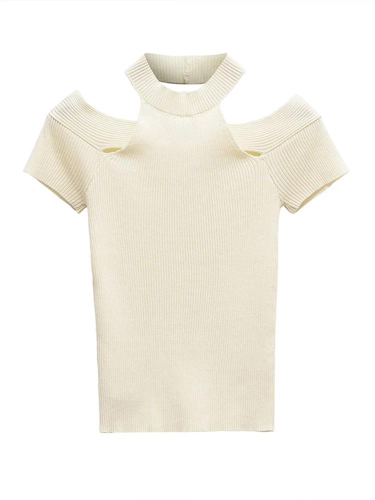 

European style new women's fashion versatile temperament design sense halter neck slim shoulder sweater top