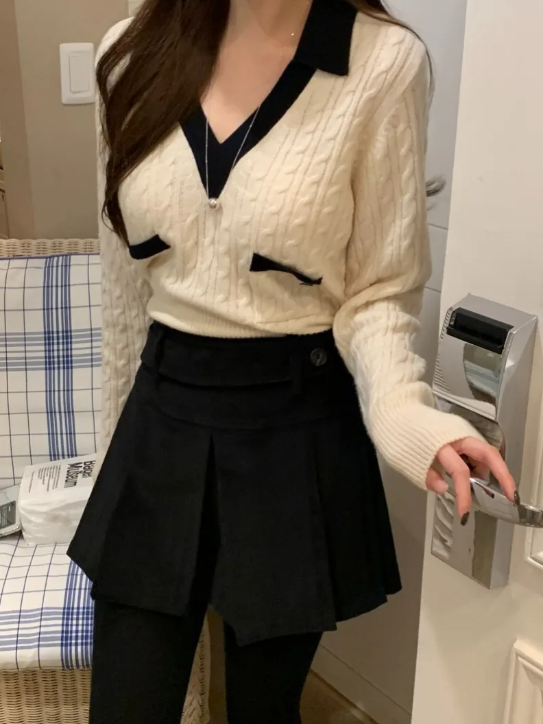 

Slim Fit Long Sve Knitted Sweater Chic Autumn Winter New Sle Color Blo Collar Women's Faion Casual Street Sle Knit...