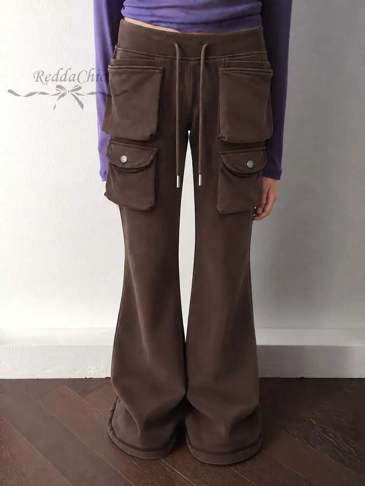 REDDACHiC Casual Cargo Pockets Women Sweatpants Versatile Brown Relaxed Fit Drawstring Low Rise Bootcut Pants Autumn Bottoms