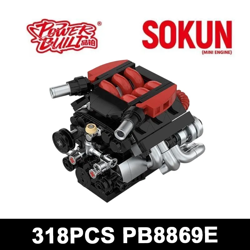 

PB8869E 318PCS Technical V6 Engine Building Blocks Mini Supercar VR38 Motor Model Bricks DIY Mechanical Toy For Adults Gift