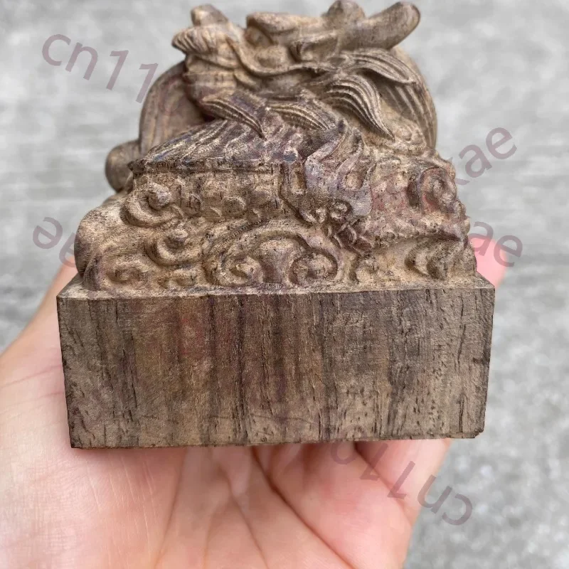 Dragon Playing Pearl Wood Carving Seal, Solid Wood Imperial Seal Home Office Desktop Craft, Auspicious Dragon Figurine
