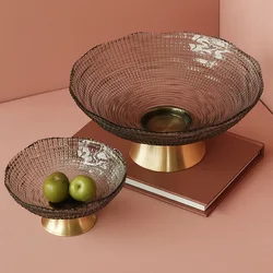 Golden Copper Bottom Glass Fruit Plate Round Large Storage Tray Household Candy Snack Tray Storage Container Home Decoration New