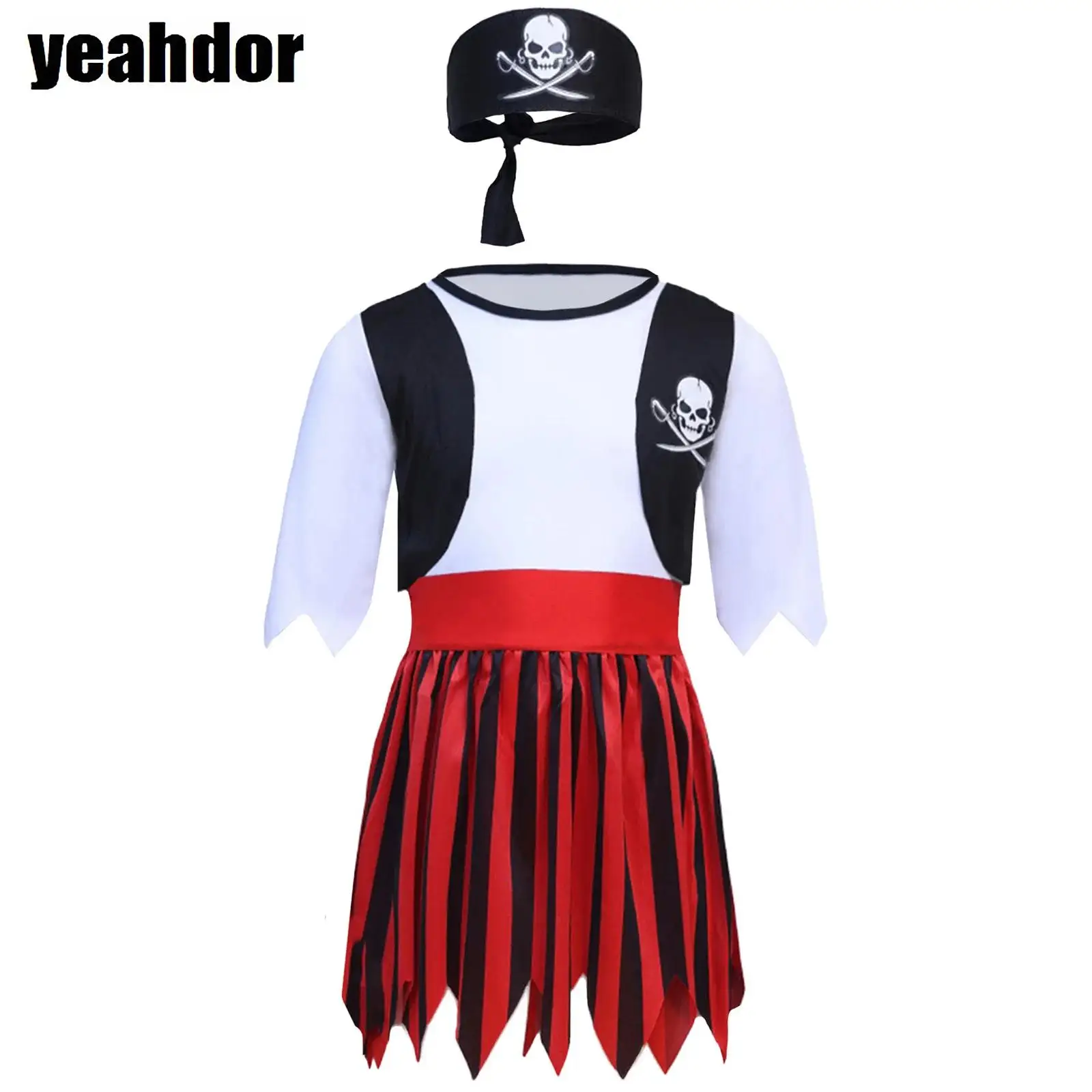 

Girls Pirate Costume Short Sleeve Skull Print Jagged Hem Pirate Princess Dress with Headwear Waist Belt Halloween Fancy Dress Up