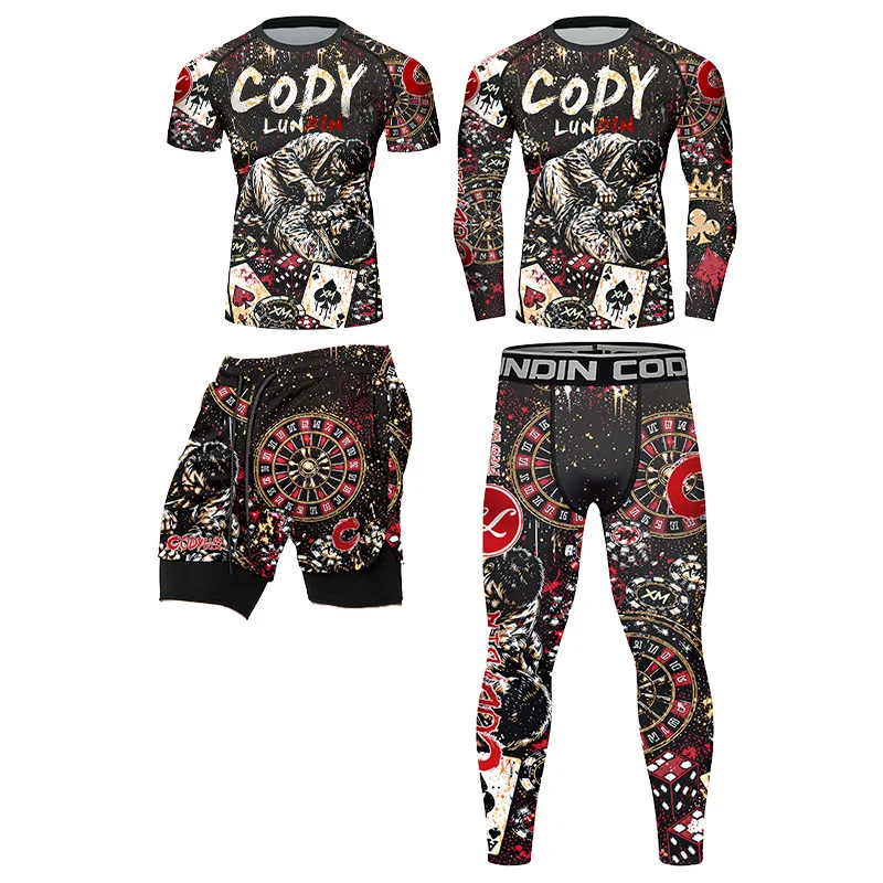 Cody Lundin Poker Roulette Print Men Compression Rashguard Set BJJ MMA Training Tight Fighting Sportswear Quick Dry Gym Suit