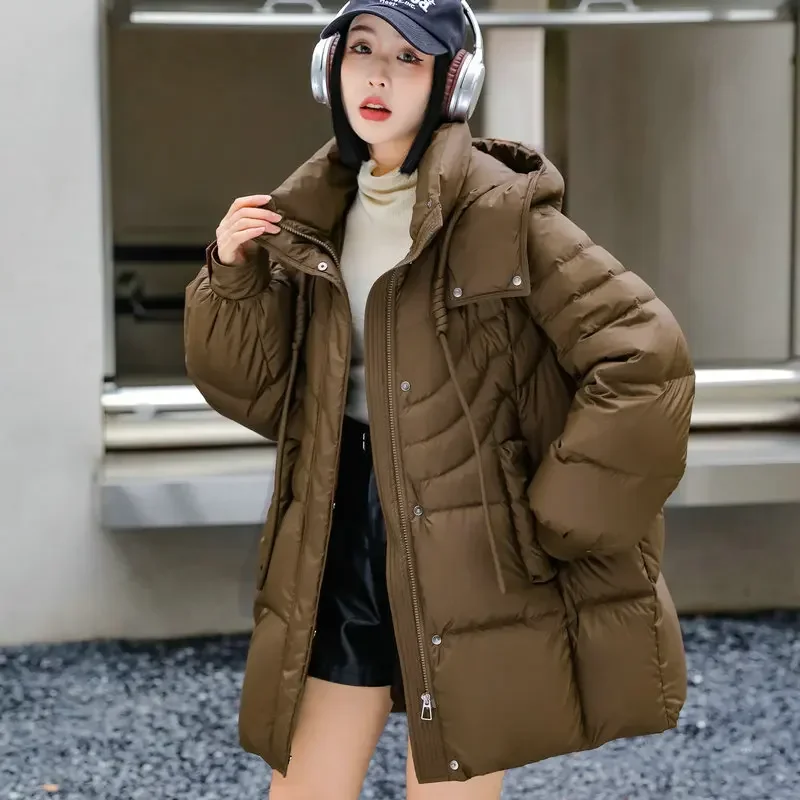 Women's Mid-Length Hooded Down Coat, Loose Casual Jackets, Drawstring Outerwear, Warm, Trendy, Winter