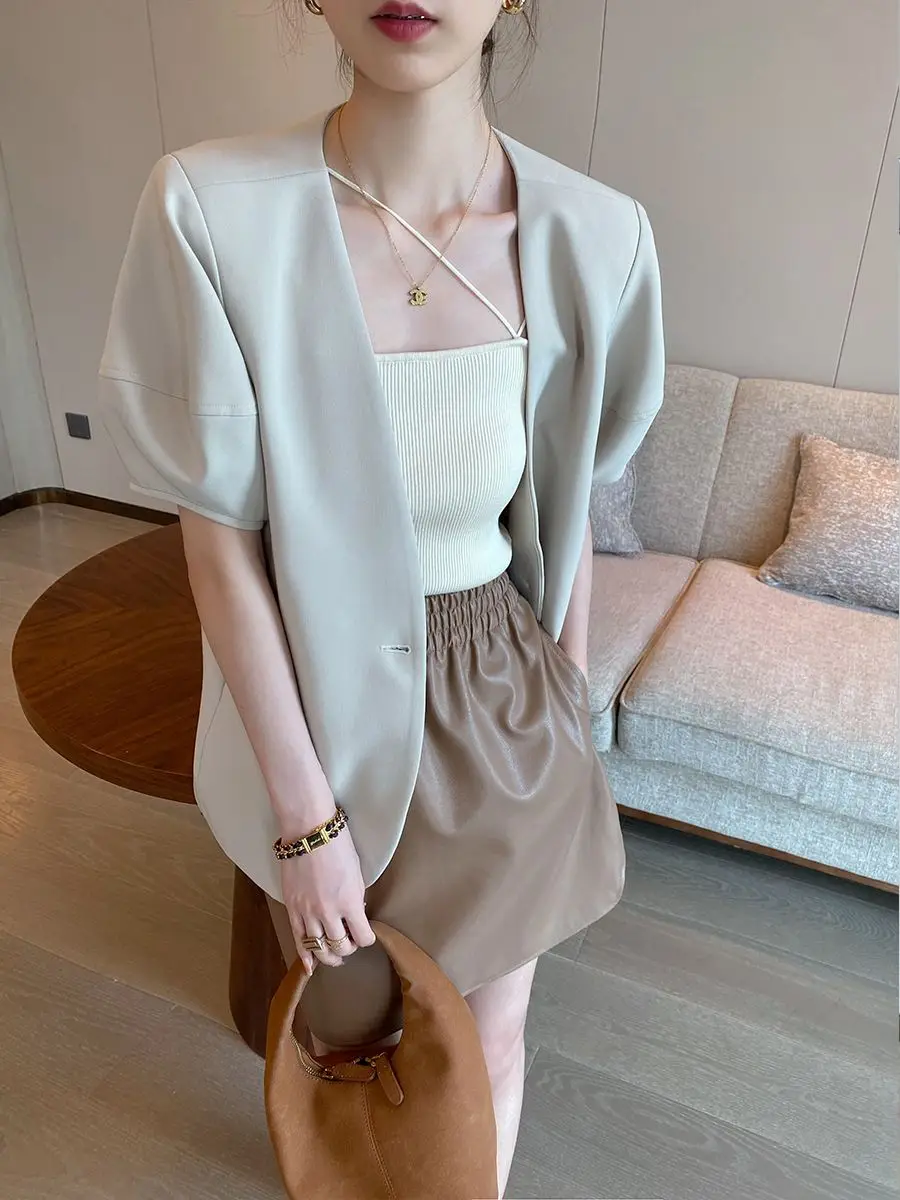 Spring Summer Luxury Short Sleeve Blazer Women V-neck Korean Fashion Suit Office Ladies Casual Loose High Quality Jacket