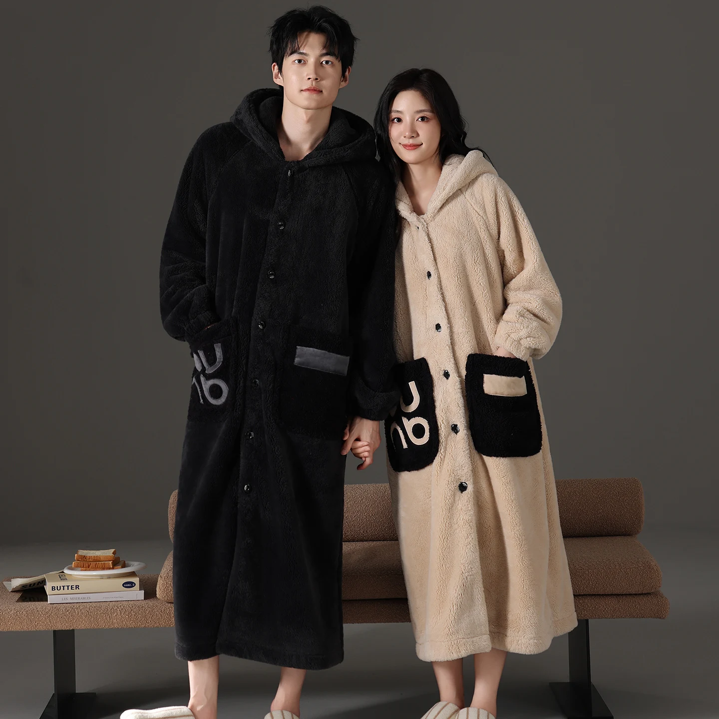 

Зимний халат для пары, пижамный комплект из кораллового флиса с капюшоном, плотная теплая одежда для сна, женский и мужской мягкий коралловый бархатный халат