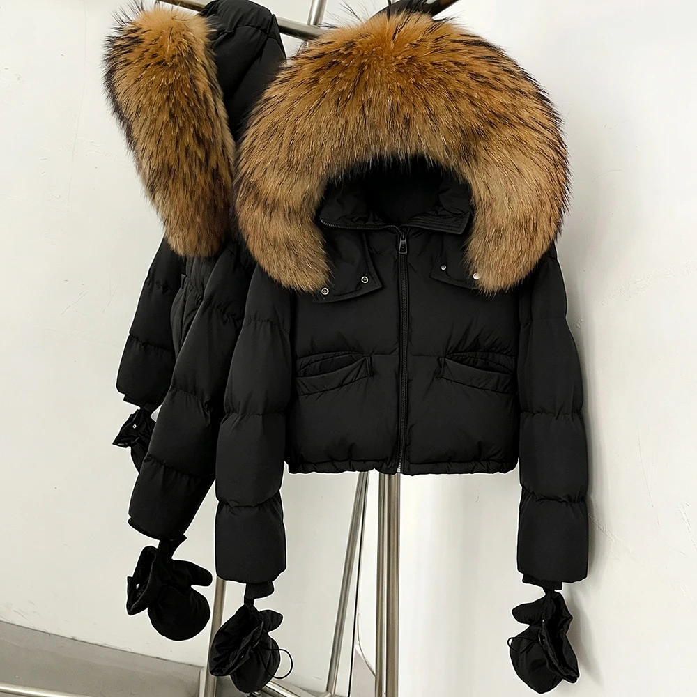 Winter Down Coat Luxury Real Fox Raccoon Fur Collar Puffer Jacket Women Thick Warm Hooded Duck Down Parka Bread Fluffy Fur