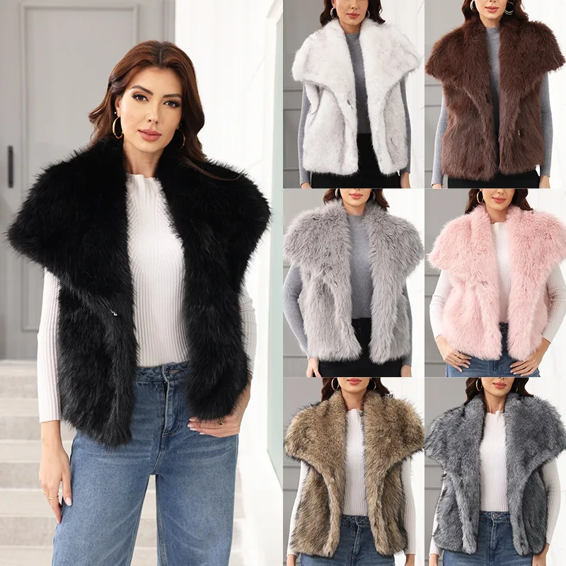 

2025 Autumn Winter New Women Imitation Fur Vest Coat Fashion Big Collar Female Sleeveless Coats