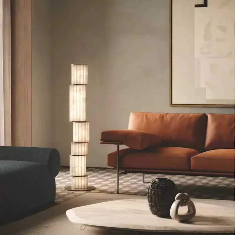 Natural Marble LED Floor Lamp with Remote Control Adjustable Height Modern Design for Living Room & Bedroom Use
